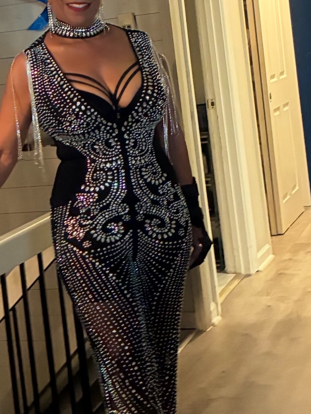 AKIRA Black Beaded Sleeveless Jumpsuit with Silver Embellishments